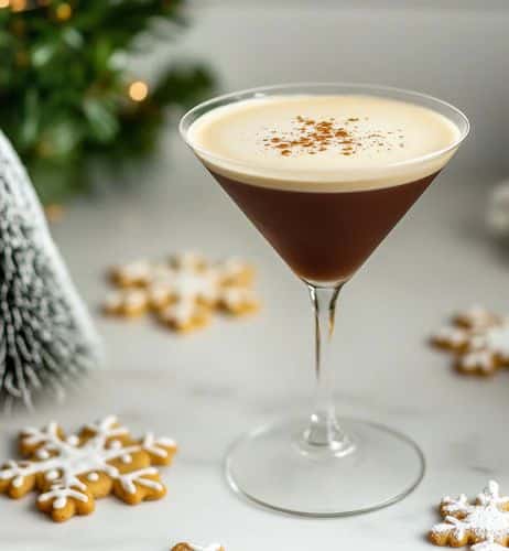 Festive espresso martini with frothy top, garnished with a sprinkle of cocoa, surrounded by snowflake cookies.
