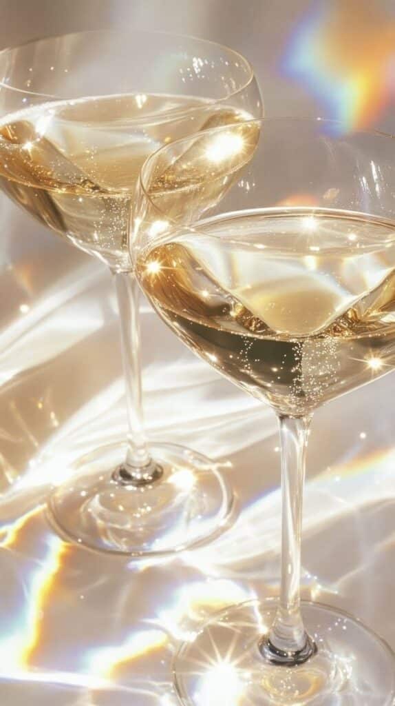 Aesthetic champagne glasses beverage drinks wine Two elegant champagne glasses with sparkling bubbles, reflecting colorful light on a glossy surface. | Sky Rye Design Two elegant champagne glasses with sparkling bubbles, reflecting colorful light on a glossy surface.