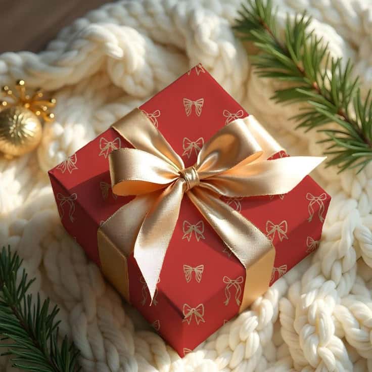 Festive red gift box with gold ribbon on cozy knit blanket, adorned with pine branches for a Christmas presentation.