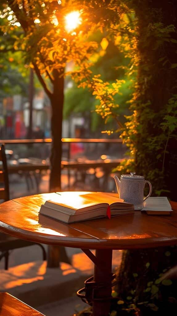 Golden Hour Book Bliss _ Urban Park Café Open book and teapot on a sunlit café table surrounded by trees in a serene outdoor setting. | Sky Rye Design Open book and teapot on a sunlit café table surrounded by trees in a serene outdoor setting.