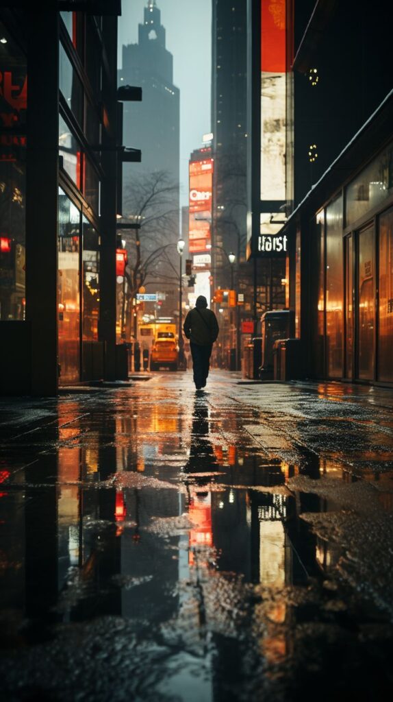 Golden Night Street Scene Silhouette of a person walking on a rainy city street with bright lights reflecting on wet pavement. | Sky Rye Design Silhouette of a person walking on a rainy city street with bright lights reflecting on wet pavement.
