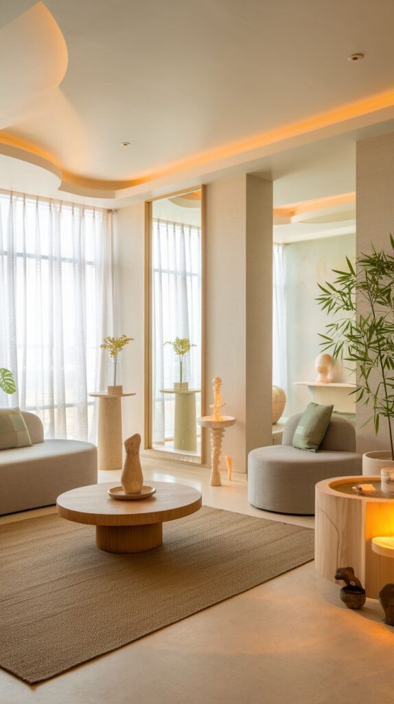 Gorgeous Feng Shui Colors to Transform Your Space Minimalist living room with natural decor, featuring a round wooden table, soft lighting, and large windows with sheer curtains. | Sky Rye Design Minimalist living room with natural decor, featuring a round wooden table, soft lighting, and large windows with sheer curtains.