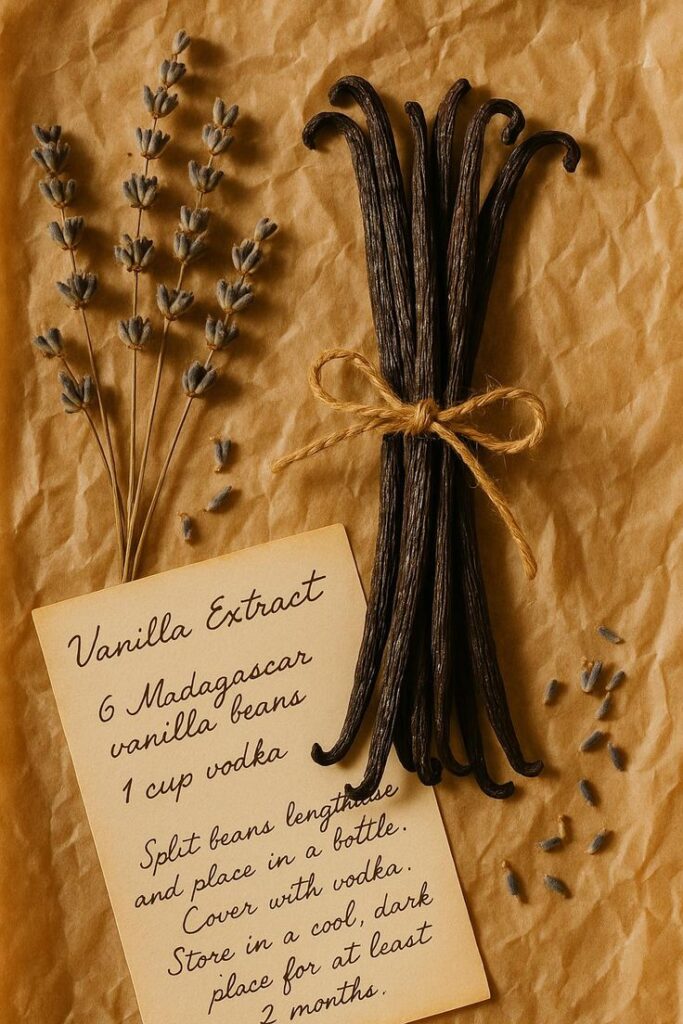 Grade B Madagascar Vanilla Beans Grade A Gourmet Pods for Baking Cooking and Homemade Extract Premium 10-12cm Length Whole Pods Vanilla beans with lavender and recipe card on parchment paper for homemade vanilla extract with vodka. | Sky Rye Design Vanilla beans with lavender and recipe card on parchment paper for homemade vanilla extract with vodka.