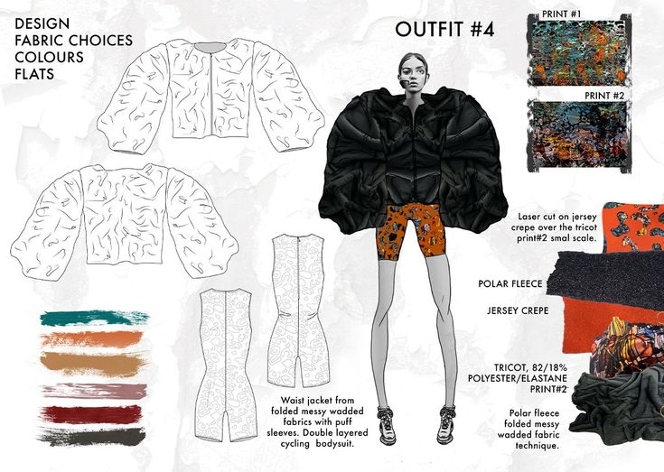 Fashion sketch of Outfit #4 featuring puff-sleeve jacket and cycling bodysuit, with fabric swatches and design notes.