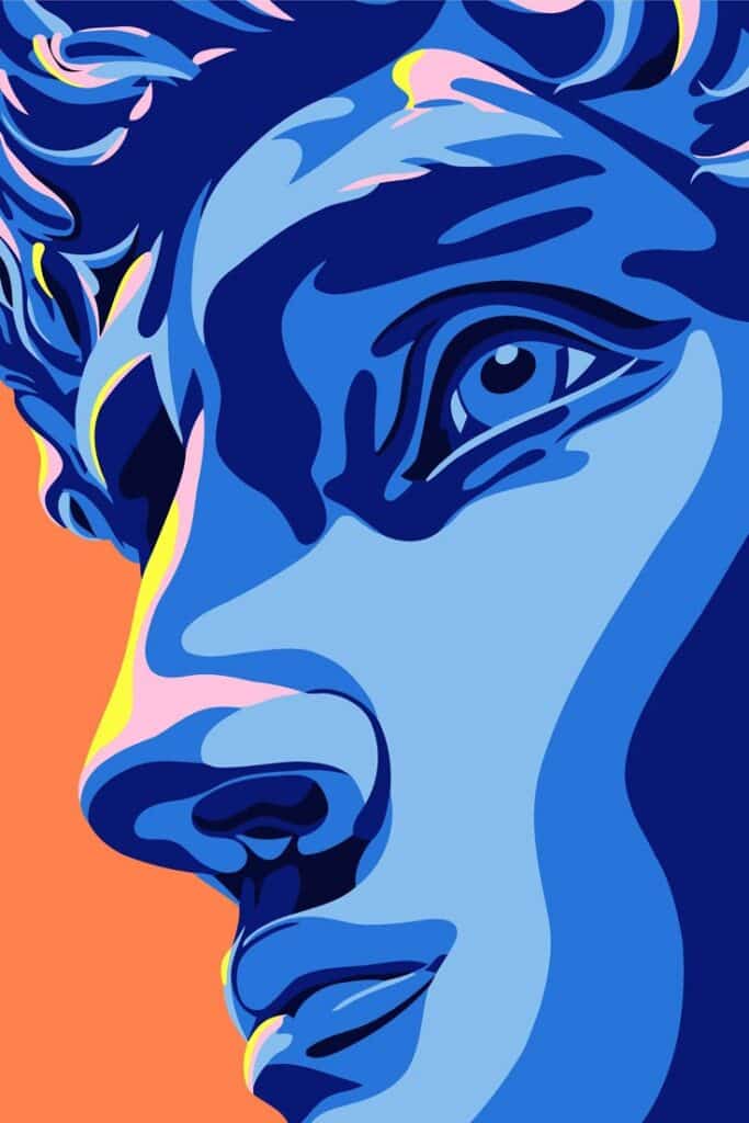 Greek Statue Paint by Numbers Digital Art Sculpture PBN Men Statue Art Colorful abstract art of a classical statue face, vibrant blue and orange tones. | Sky Rye Design Colorful abstract art of a classical statue face, vibrant blue and orange tones.