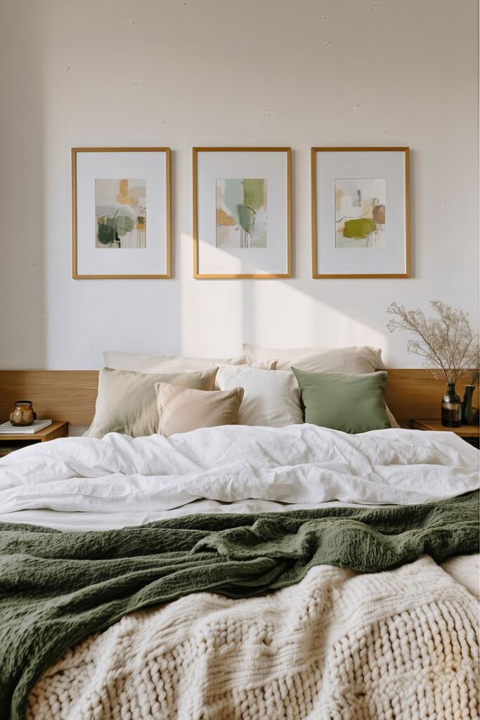 Green Abstract Triptych Art Set Minimalist Botanical Wall Decor Cozy bedroom with white bedding, green and beige pillows, and framed art on the wall, creating a serene atmosphere. | Sky Rye Design Cozy bedroom with white bedding, green and beige pillows, and framed art on the wall, creating a serene atmosphere.