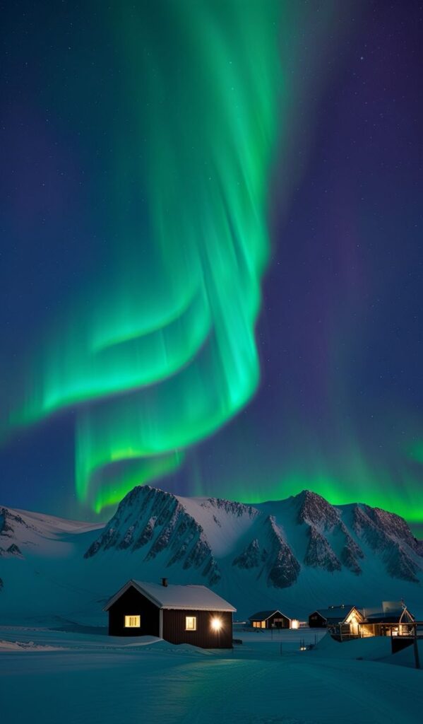 Greenland Northern Lights over snowy cabins and mountains, creating a serene winter night scene. | Sky Rye Design Northern Lights over snowy cabins and mountains, creating a serene winter night scene.