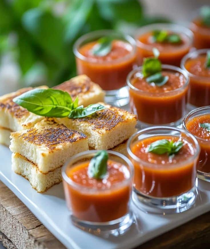 Tomato soup shots with basil garnish, served alongside crispy garlic bread on a white platter.