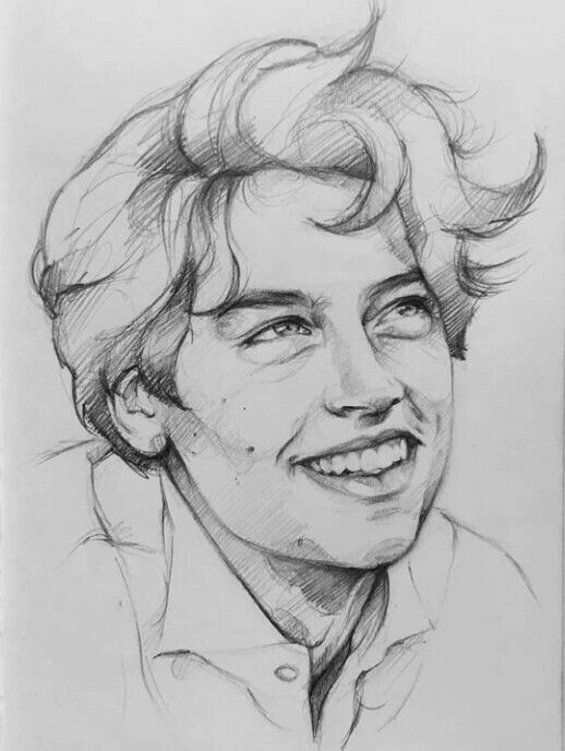 Pencil sketch of a smiling young man with tousled hair, looking upwards, wearing a collared shirt.