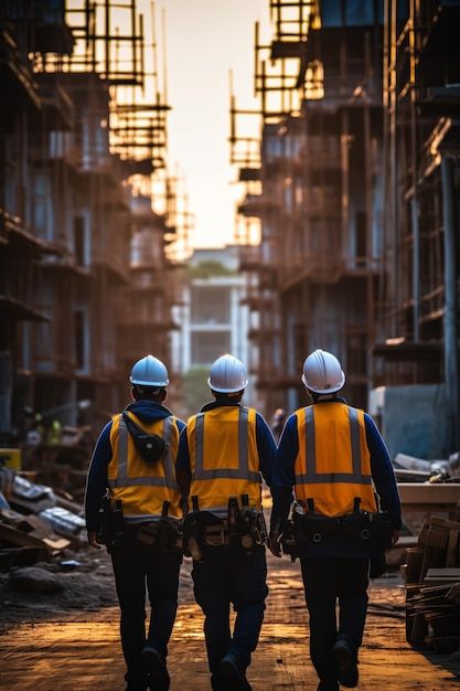 Three construction workers in safety gear walk through an urban building site at sunset.