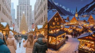 Festive Christmas markets with lights and crowds in snowy urban and village settings at dusk.