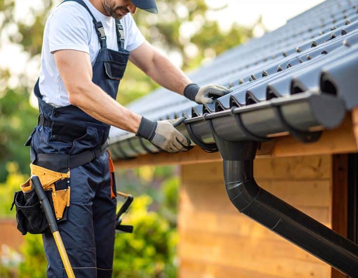 Worker installing black roof gutters on a house, wearing blue overalls and gloves.