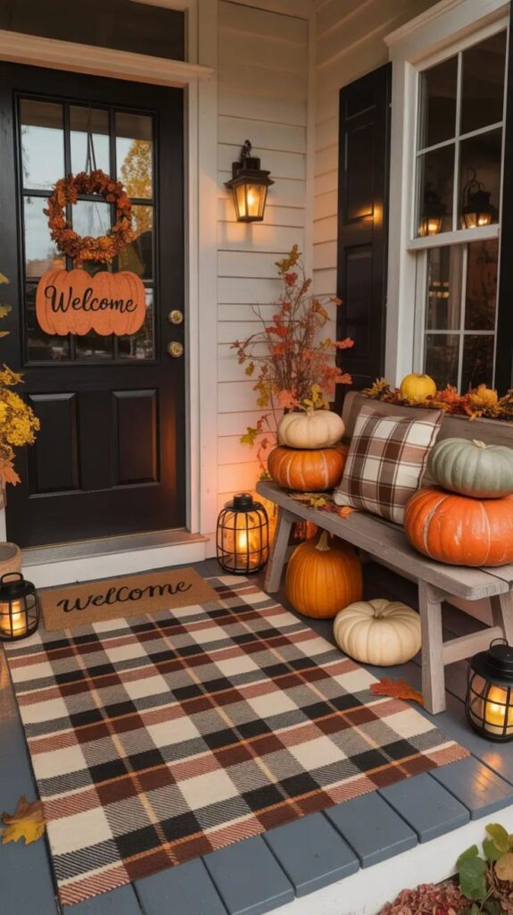 Front porch decorated for fall with pumpkins, lanterns, and autumn wreath welcome sign. Cozy and inviting seasonal decor.