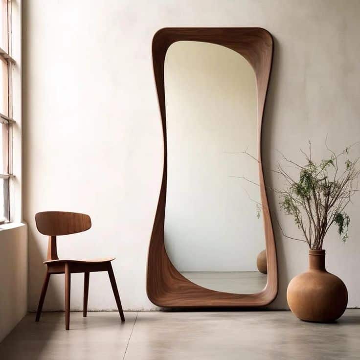 Modern minimalist interior with unique wooden mirror, chair, and vase on a neutral wall background.