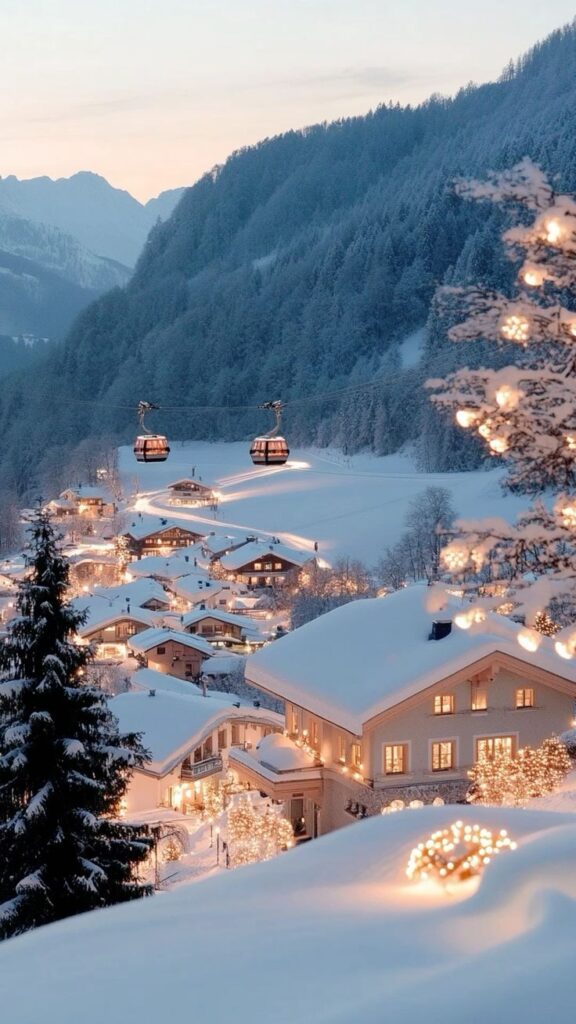 Happy Christmas 🎄 Новогоднее настроение_ Новый год ❄️ Snowy alpine village at dusk with cable cars and illuminated houses surrounded by snow-covered trees. | Sky Rye Design Snowy alpine village at dusk with cable cars and illuminated houses surrounded by snow-covered trees.