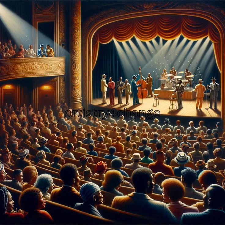 Jazz band performs on a vibrant theater stage, engaging an enthusiastic audience under spotlights.