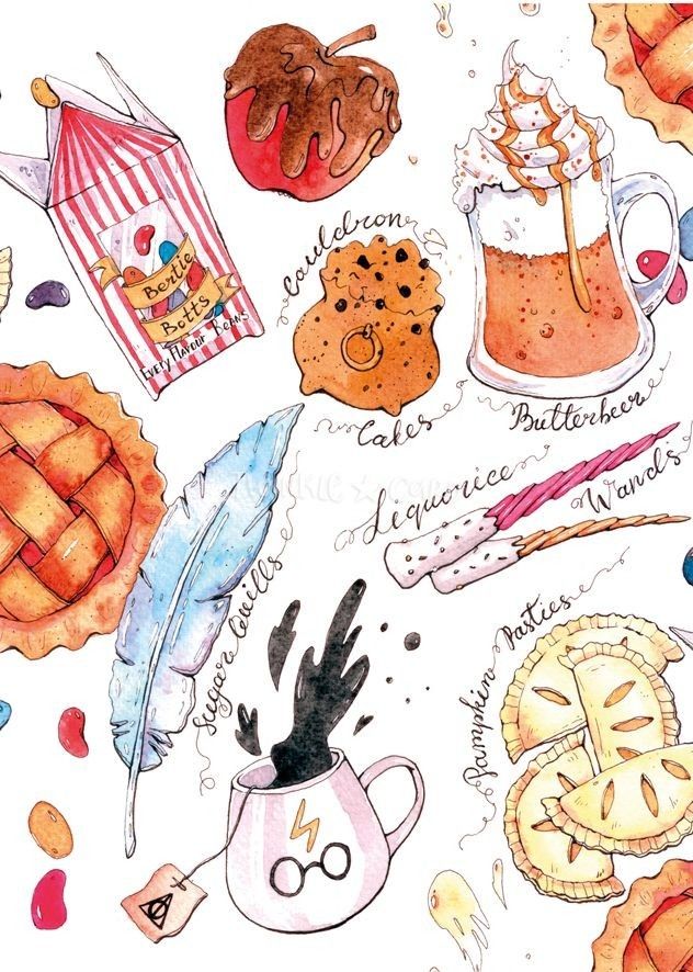 Harry Potter Illustrated magical treats, including cauldron cakes, butterbeer, and licorice wands, with whimsical details. | Sky Rye Design Illustrated magical treats, including cauldron cakes, butterbeer, and licorice wands, with whimsical details.