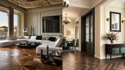 Luxurious living room with ornate ceiling, elegant furniture, and rich wood flooring, leading to a stylish dining area.