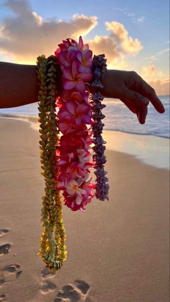 Vibrant leis on arm at sunset beach, footsteps in sand, ocean waves, and colorful sky create a tropical paradise scene.