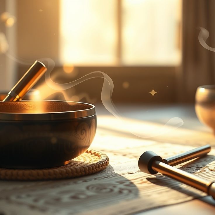 Singing bowl in sunlight on a wooden table, creating a serene and meditative atmosphere with glowing ambiance.