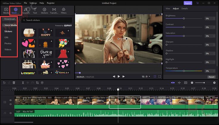 Video editing interface with a project in progress, showing a timeline, adjustments, and sticker options.