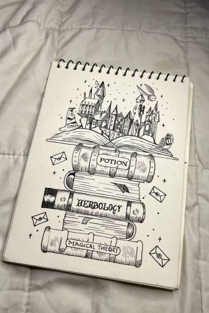 Hogwarts castle sketch Illustrated magical books and castle drawing with flying envelopes on sketchpad page. | Sky Rye Design Illustrated magical books and castle drawing with flying envelopes on sketchpad page.