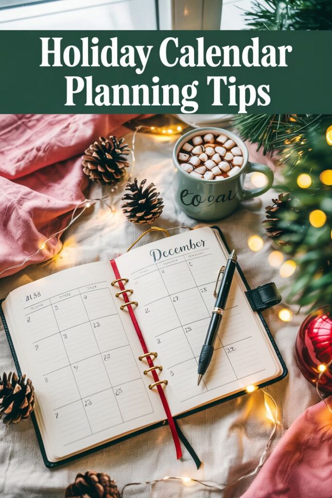 Holiday Planning Tips_ How to Create Your Christmas Calendar Holiday planning with calendar, festive lights, pinecones, and hot cocoa. December organization and cozy setup. | Sky Rye Design Holiday planning with calendar, festive lights, pinecones, and hot cocoa. December organization and cozy setup.