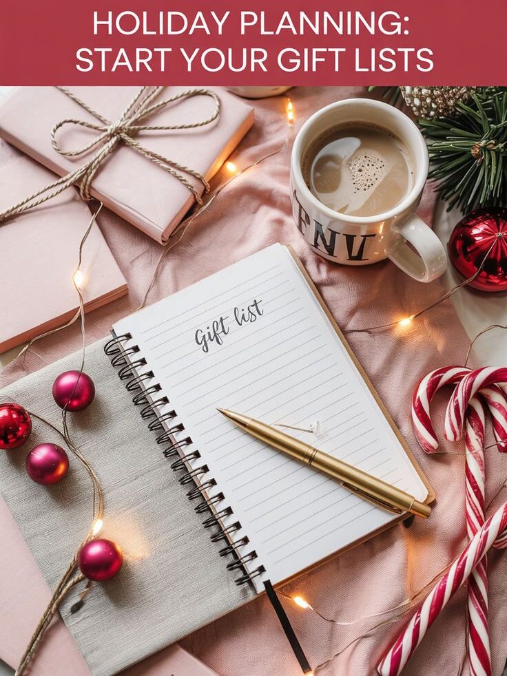 Holiday Planning Tips_ Start Your Christmas Gift Lists Now Holiday gift planning with notebook, coffee, candy canes, and ornaments on a festive table. | Sky Rye Design Holiday gift planning with notebook, coffee, candy canes, and ornaments on a festive table.