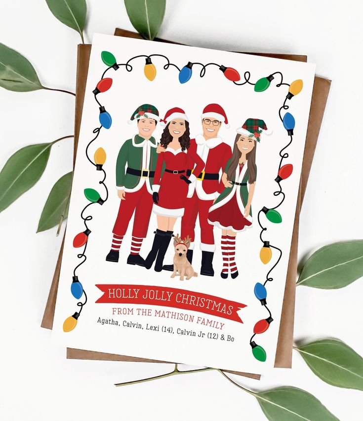 Illustrated Christmas card with family in festive outfits, lights border, and Holly Jolly Christmas message.