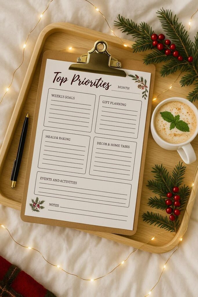 Holiday Top Priorities Planner - Printable Christmas PDF for Gift Planning Baking Seasonal Organization Clipboard with top priorities list on a tray, surrounded by holiday decor and coffee, enhancing productivity. | Sky Rye Design Clipboard with top priorities list on a tray, surrounded by holiday decor and coffee, enhancing productivity.