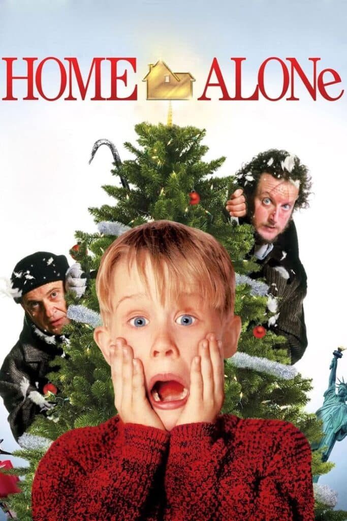 Home Alone movie poster with surprised boy and mischievous men behind a Christmas tree