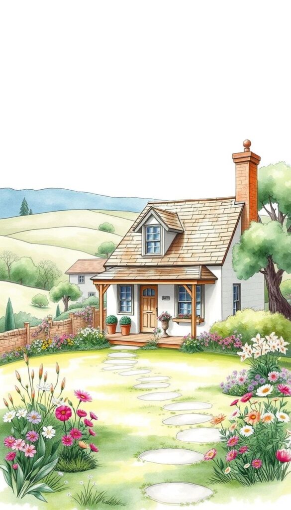 Charming cottage with a flower garden, path, and scenic hills in the background, illustrating tranquil countryside living.