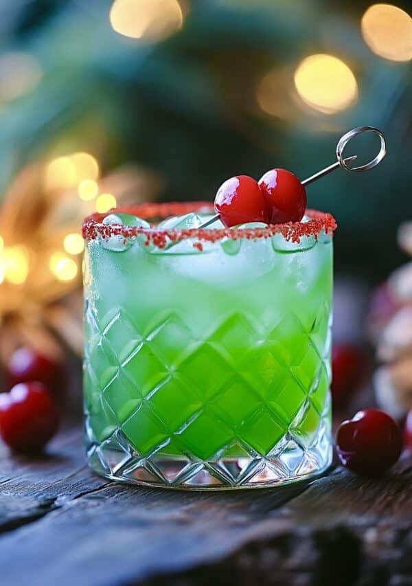 Festive green cocktail with cherry garnish in a decorative glass, set against a bokeh light background.