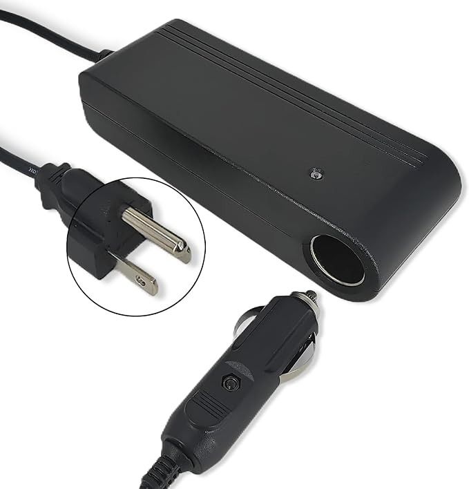 Black car power adapter with AC plug and DC connector, ideal for in-car charging and powering electronic devices.