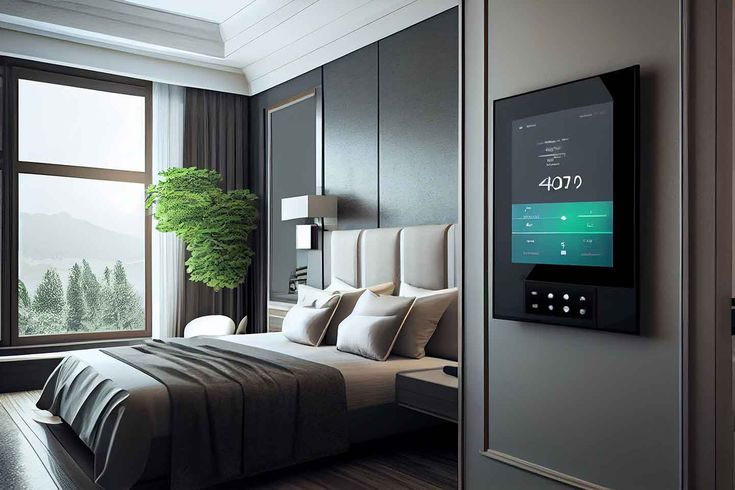 Modern hotel room with smart control panel, large window, elegant decor, and a cozy bed.