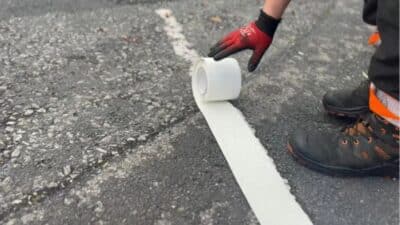 Person applying road marking tape on asphalt surface with gloves, showcasing pavement marking process.