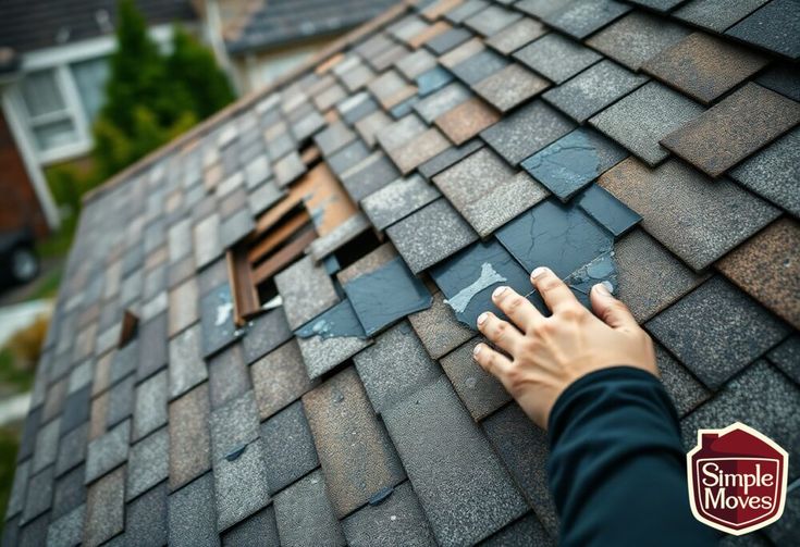 How To Spot Roof Damage During Your Inspection Person inspecting damaged roof shingles, checking for repairs on a residential home rooftop. | Sky Rye Design Person inspecting damaged roof shingles, checking for repairs on a residential home rooftop.