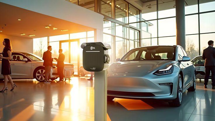 Showroom displaying electric car at charging station, capturing modern automotive technology and innovation.