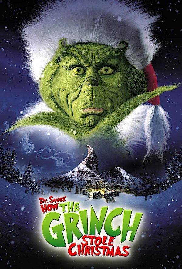 Grinch in a Santa hat overlooking snowy Whoville, from How the Grinch Stole Christmas movie poster.