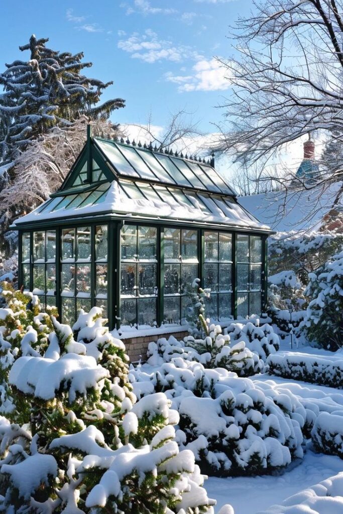Snow-covered greenhouse in winter garden with clear blue sky background.