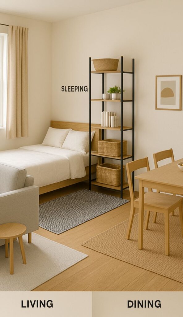 Minimalist studio apartment design with sleeping, living, and dining areas featuring neutral tones and wooden furniture.