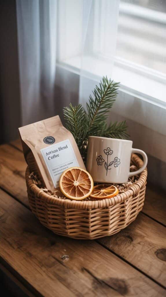 How to Create a Coffee Gift Basket That Feels Thoughtful and Cozy Wicker basket with artisan coffee bag, ceramic mug with floral design, dried oranges, and pine sprig on a wooden table. | Sky Rye Design Wicker basket with artisan coffee bag, ceramic mug with floral design, dried oranges, and pine sprig on a wooden table.