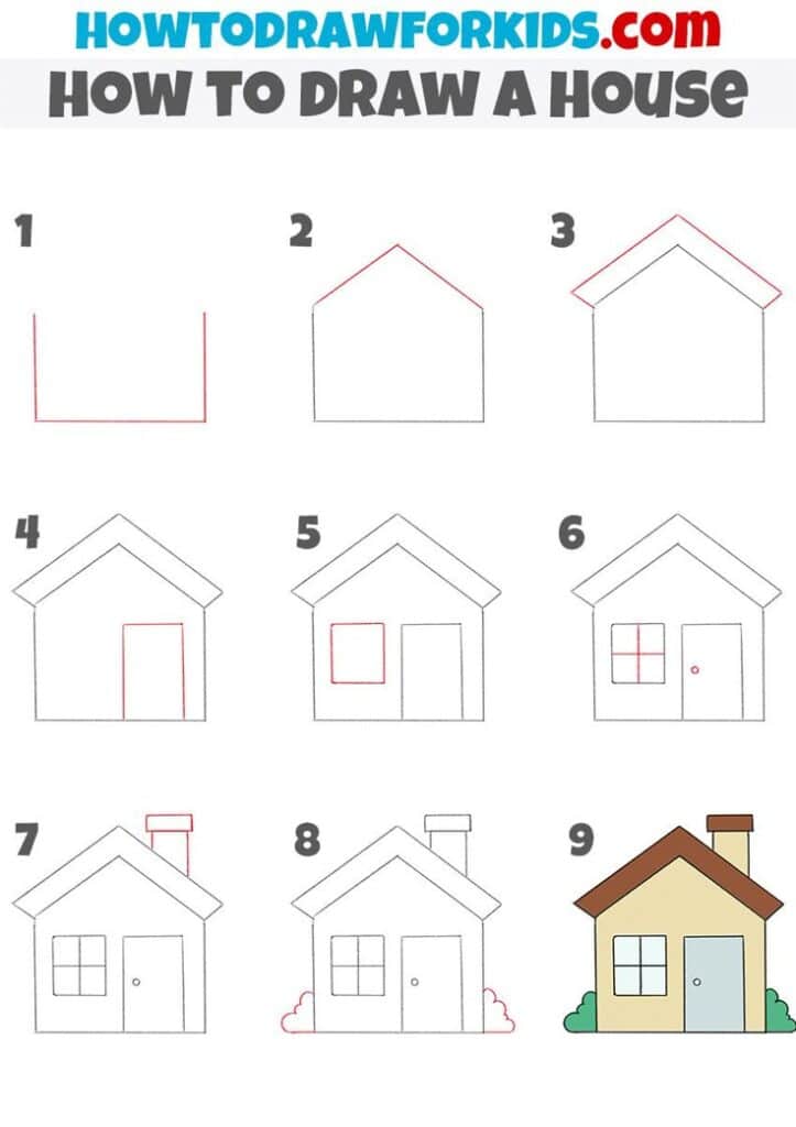 Step-by-step guide on how to draw a house for kids, featuring nine simple stages from outline to color.