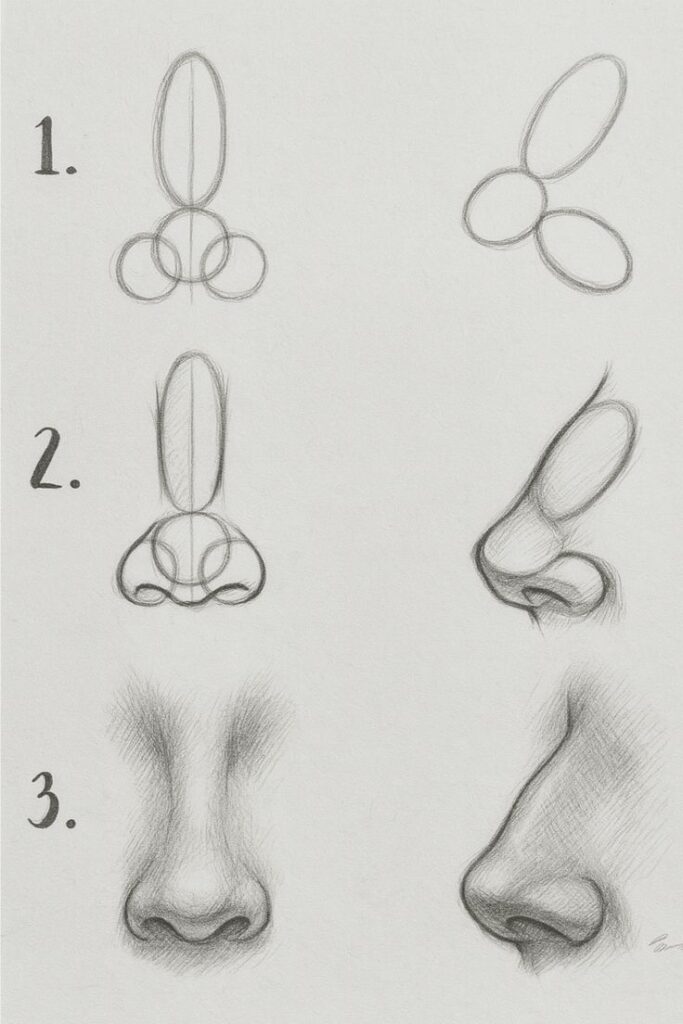 Nose drawing tutorial with step-by-step sketch instructions for beginners, showing front and side views.