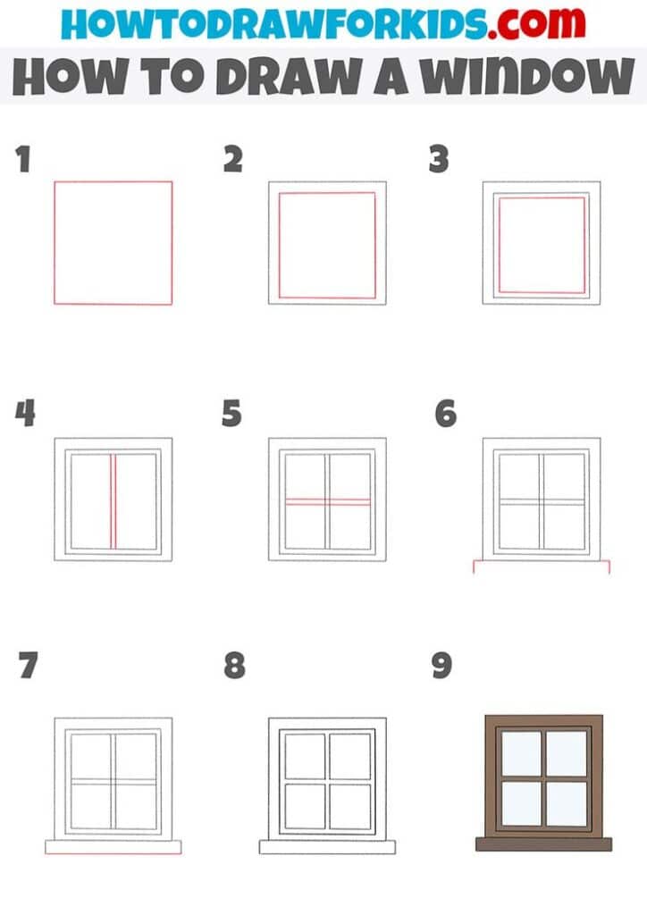Step-by-step guide on how to draw a window, perfect for kids learning to draw, featuring nine easy steps.