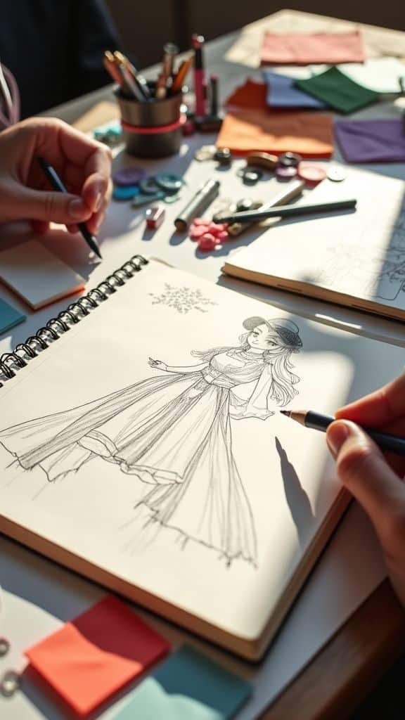 Artist sketching a fashion design in a notebook surrounded by colorful art supplies on a sunlit desk.