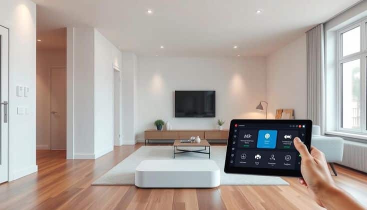 Modern living room controlled by a smart home tablet, featuring sleek furniture and a large window for natural light.