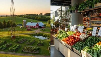 Farm with garden beds and windmill next to a market with fresh produce and vegetables on display.