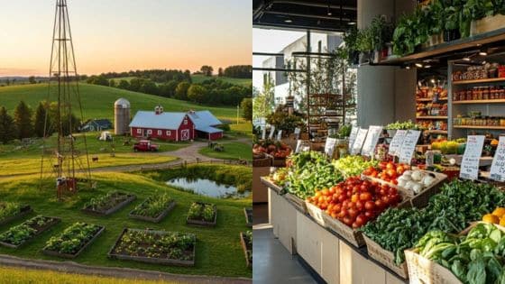 How to Live More Sustainably Farm with garden beds and windmill next to a market with fresh produce and vegetables on display. | Sky Rye Design Farm with garden beds and windmill next to a market with fresh produce and vegetables on display.