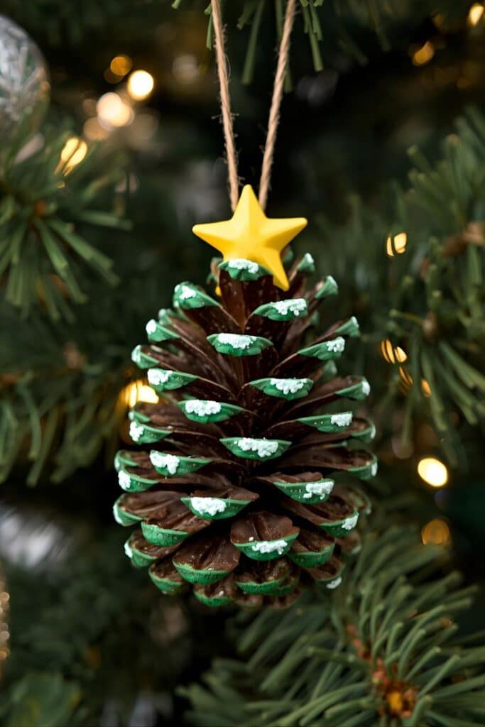Pinecone ornament with a yellow star on a lit Christmas tree, decorated with green and white accents.